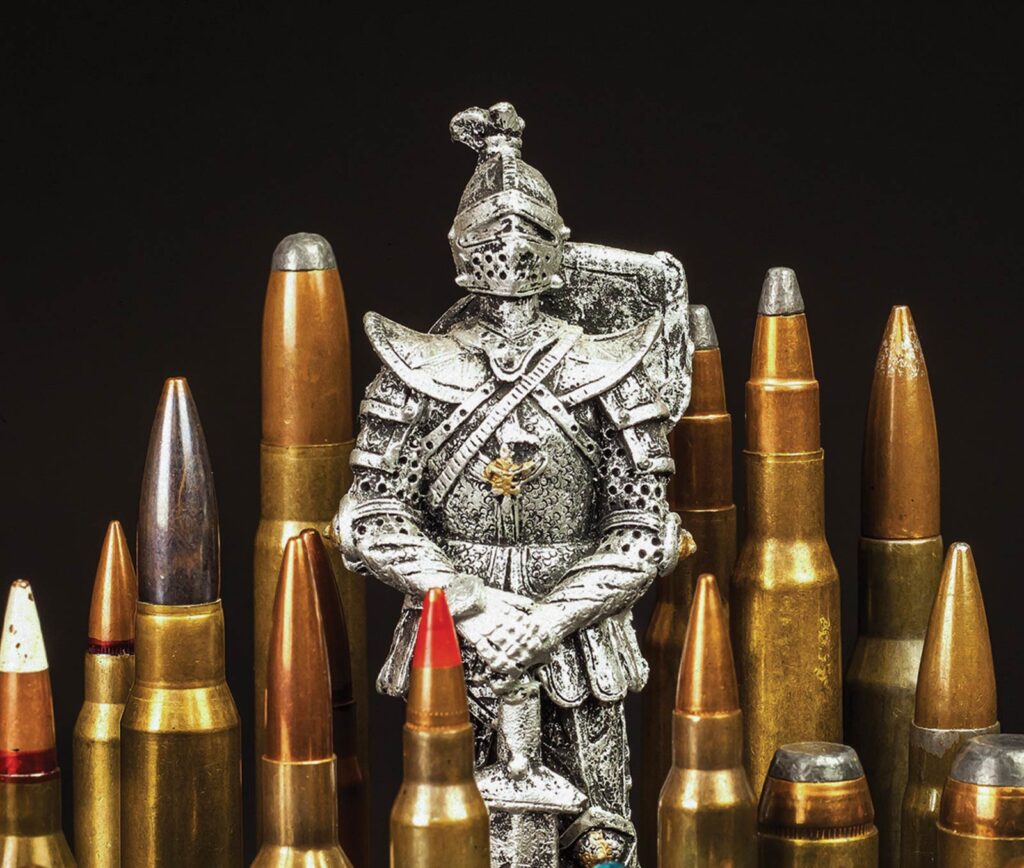 Silver knight statue standing alongside bullets to represent the castle doctrine